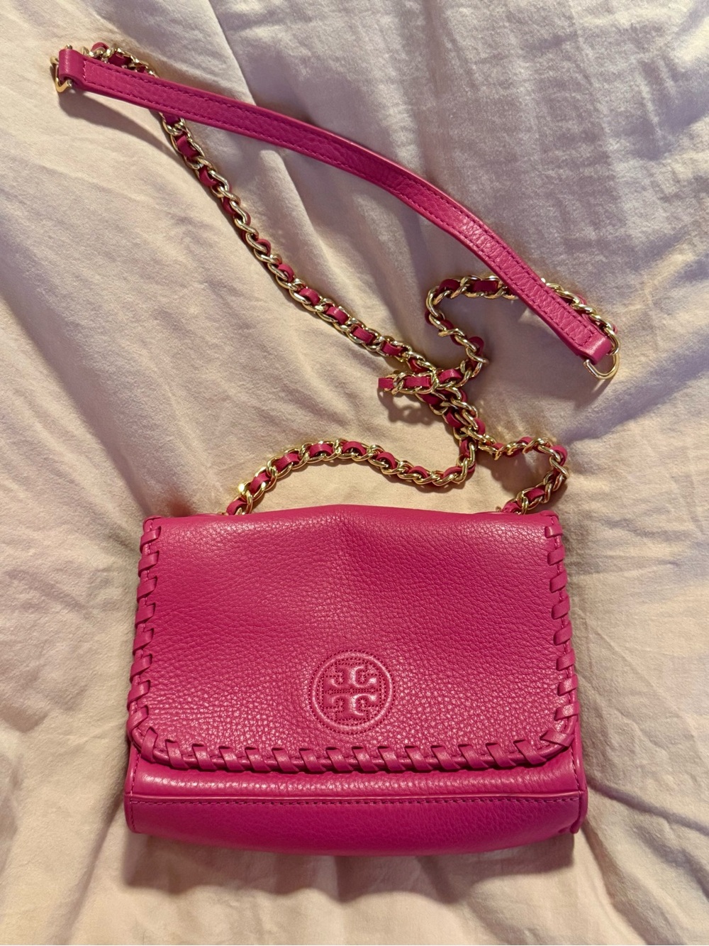 Tory Burch Mini Marion Fuchsia Leather Whipstitch Crossbody Bag with Gold Chain
